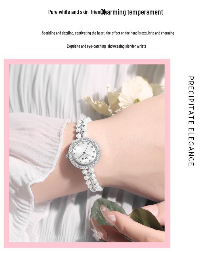 Gedi Women's Diamond-Set Mother-of-Pearl Luxury Watch with Pearl Band and Quartz Movement