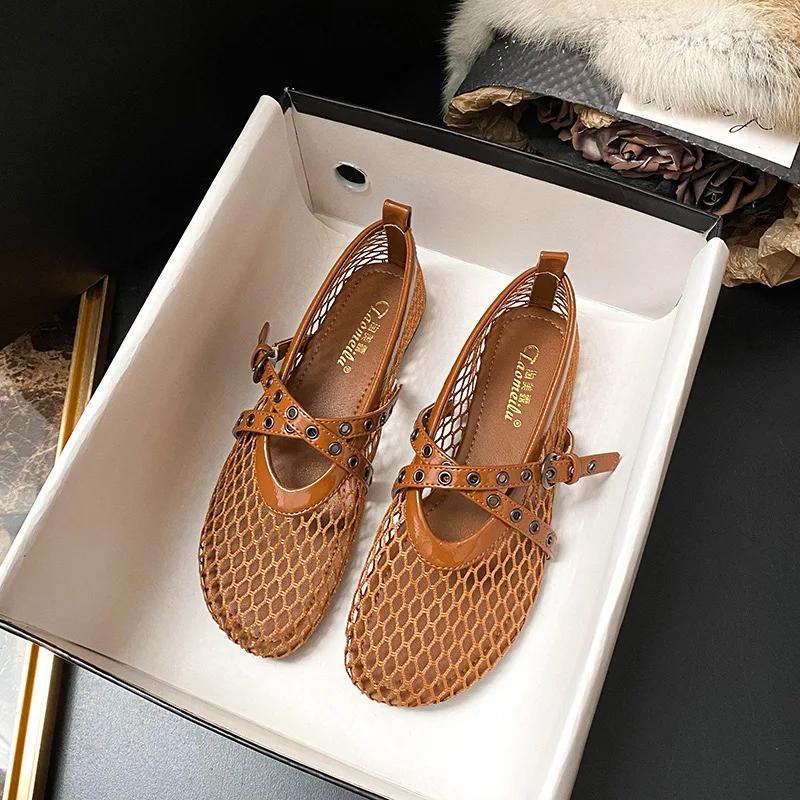 Fashion Air Mesh Breathable Ballet Flats Women Fashion Rivet Belt Buckle Design Flat Shoes for Women Light Cozy Summer Casual Sneakers