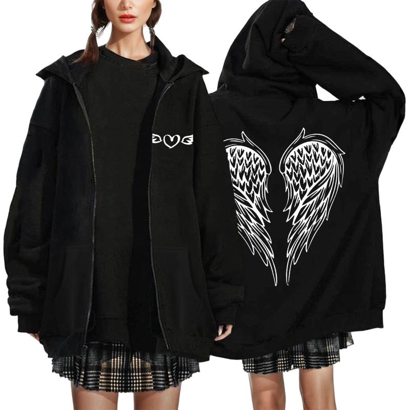 2023 Europa și America de toamnă și iarnă pentru femei, cu fermoar, cu glugă, pulover imprimat, haină ocazională îngroșată