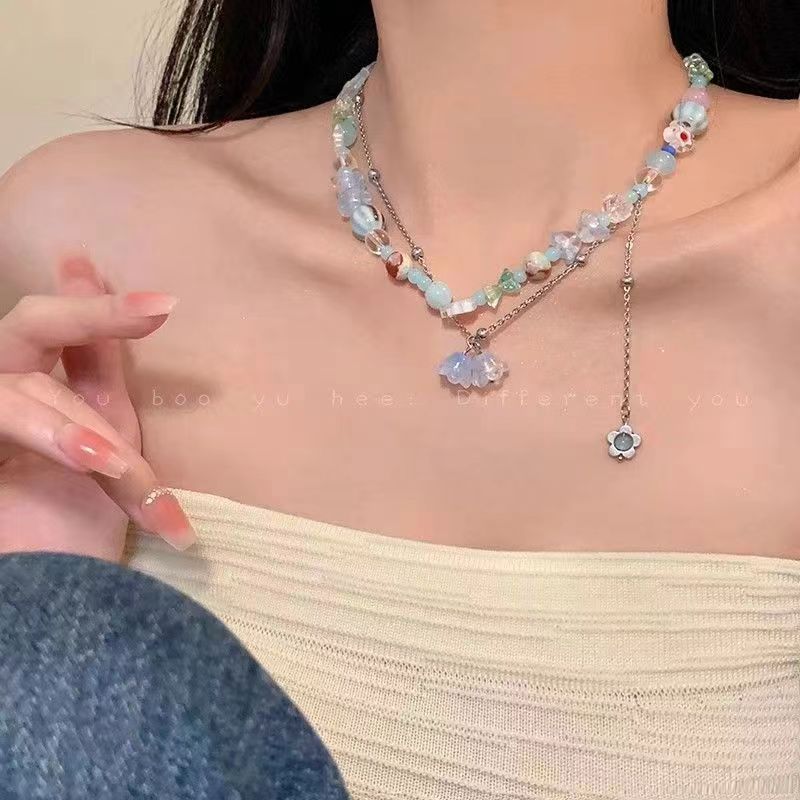 Knock Suitable for Summer Drop Rainbow Candy Necklace Female Niche Accessories Sweet Cool Babes Collarbone Chain Tide