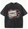 Retro Cassette Vinyl Record Print T Shirt Mens Oversized Washed Black Tee Graffiti Streetwear Casual Tops