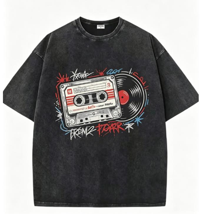 Retro Cassette Vinyl Record Print T Shirt Mens Oversized Washed Black Tee Graffiti Streetwear Casual Tops