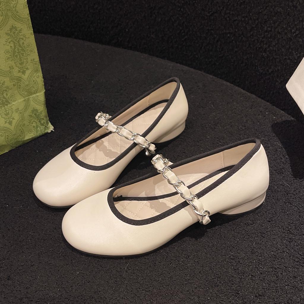Fashion Block Heel Single Shoes Autumn New Color Block Round Toe Light Mouth Slip Strap Soft Sole Non-slip Low Heel Shoes
