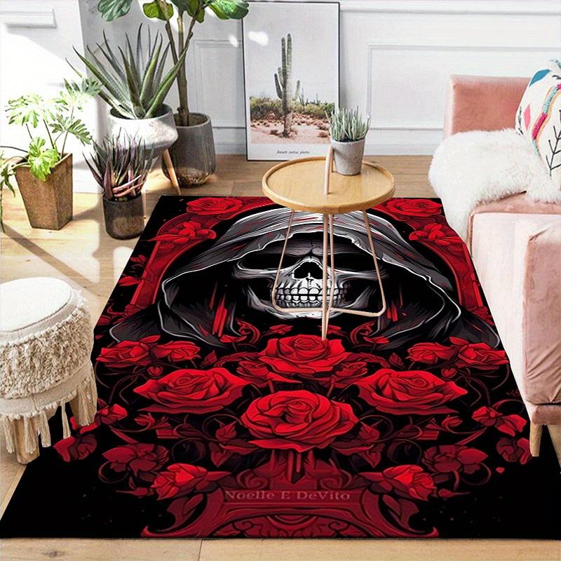 1pc Roses and skulls Design Indoor Area Rug - Soft, Anti-Slip, and Durable Gaming Room Decor for Bedroom