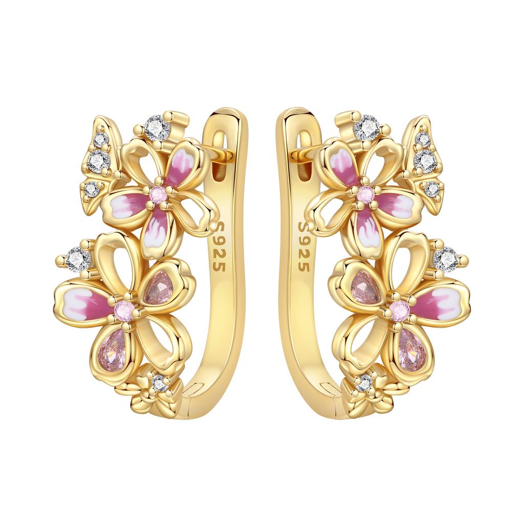 Original NEW S925 Silver Pink Purple Flowers Plants leaf Series Earring Hoop Earrings Women Jewelry Party Gifts