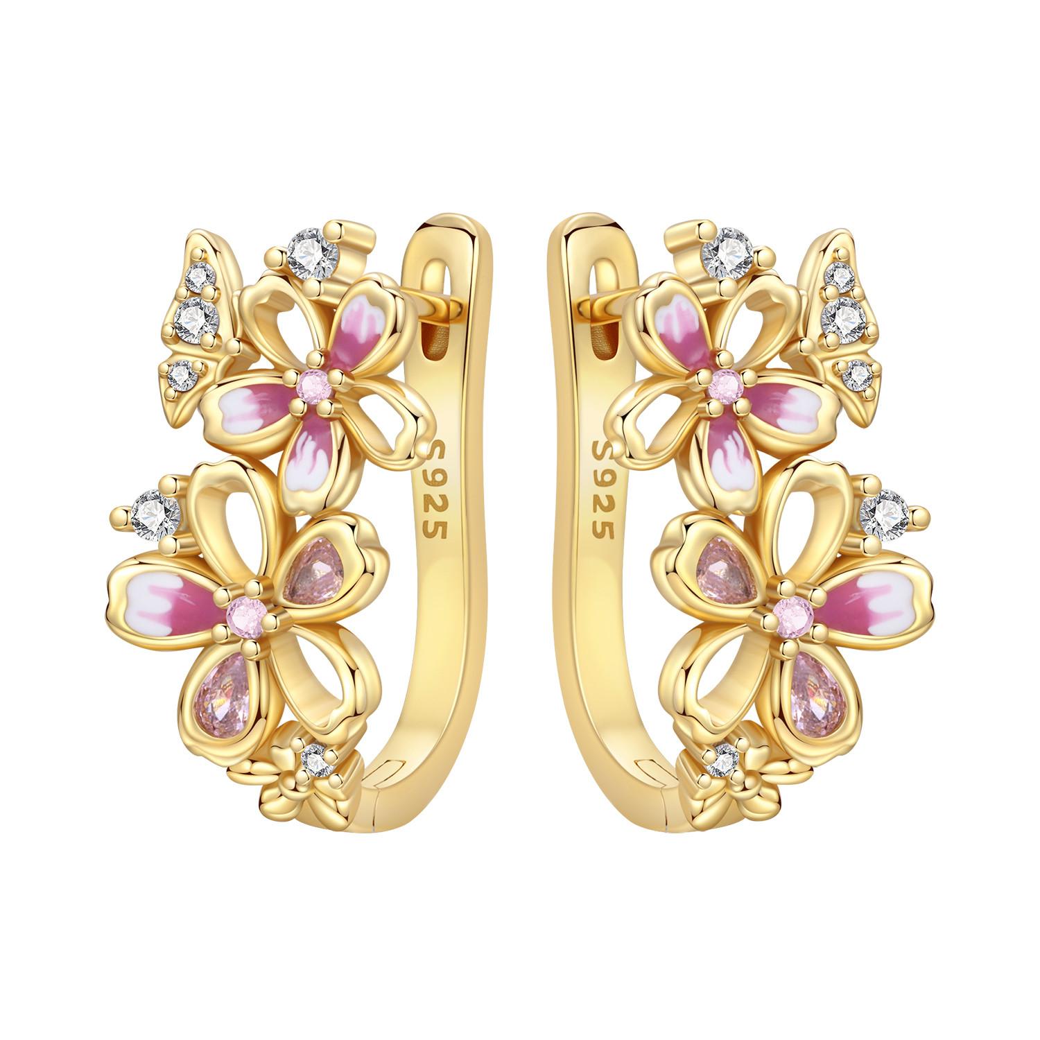 

925 Golden Cherry Blossom Butterfly Earrings Women Hoop Earring Anniversary Jewelry Trendy Gifts