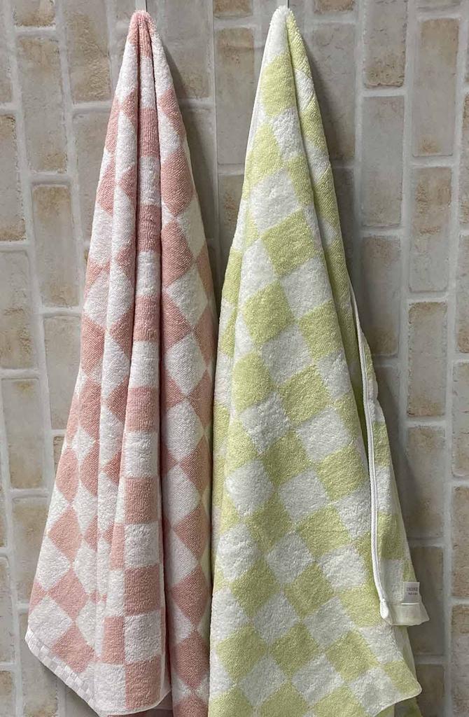 Imabari Towel Bath Towel Set of 2 65x120cm Pink Green Pastel Color Checkered Pattern Fluffy Absorbent [Brand Certified] (Pink/Green)