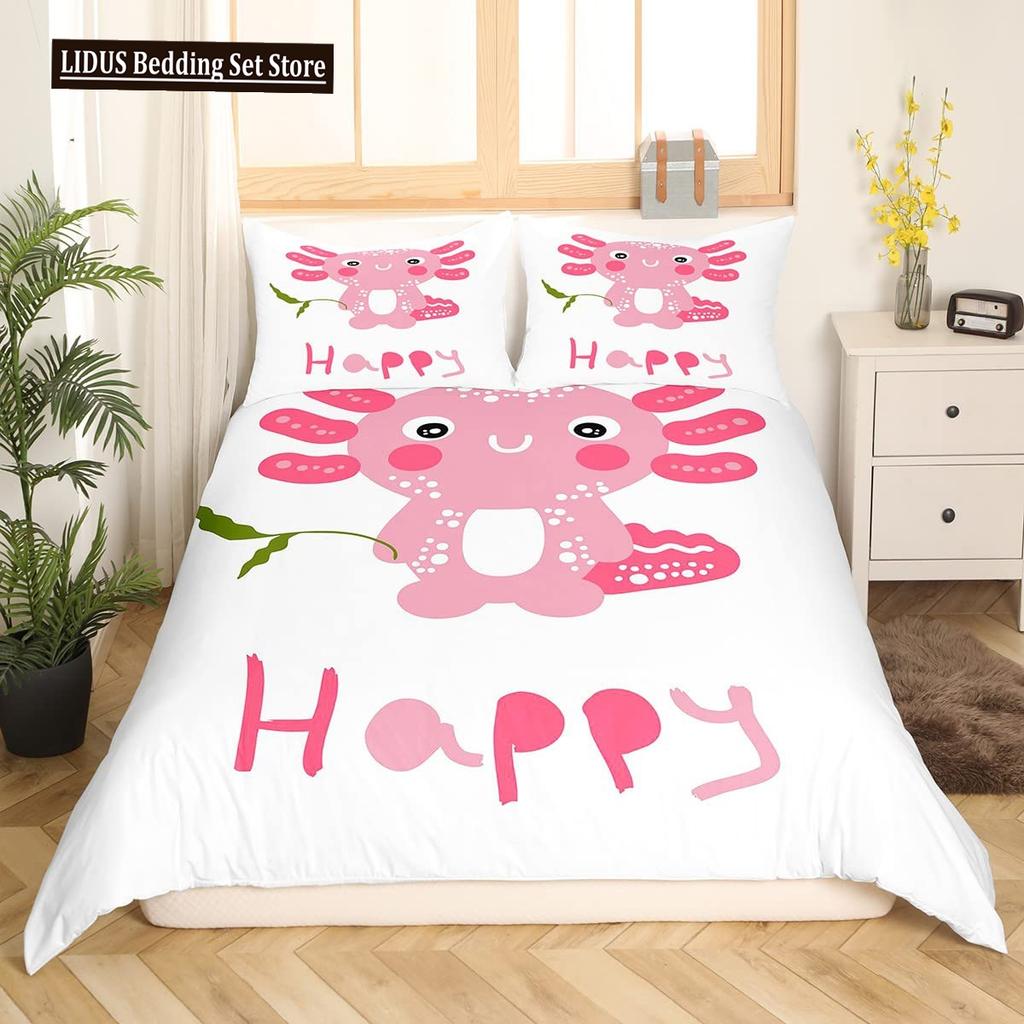 Cute Axolotl Duvet Cover Set Full Size Cartoon Salamander Bedding Set Kawaii Animals Comforter Cover Constellation Black Decor
