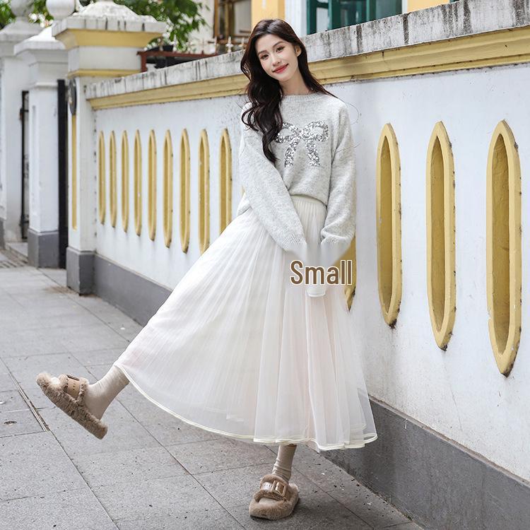 

Feiyuan Women s Spring High-Waist Slimming Mid-Length Swing Gauze Skirt One Size абрикосовый