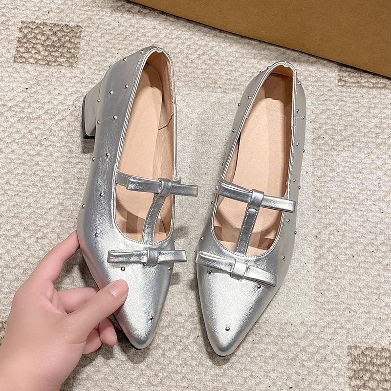 French Inner Heightening Thick Heel High Heels Satin Mary Jane Women's Shoes 2025 New Spring and Summer Pointed Not Tired Feet Single Shoes