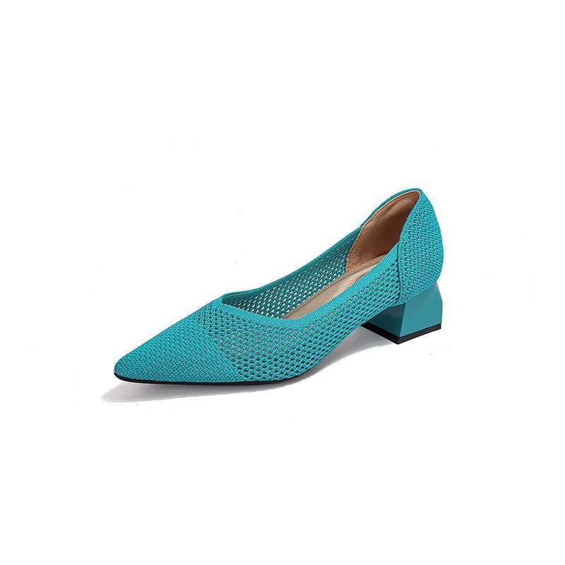 Spring and summer hollow flying knitting breathable knitting women's shoes pointed thick heel medium heel single shoes