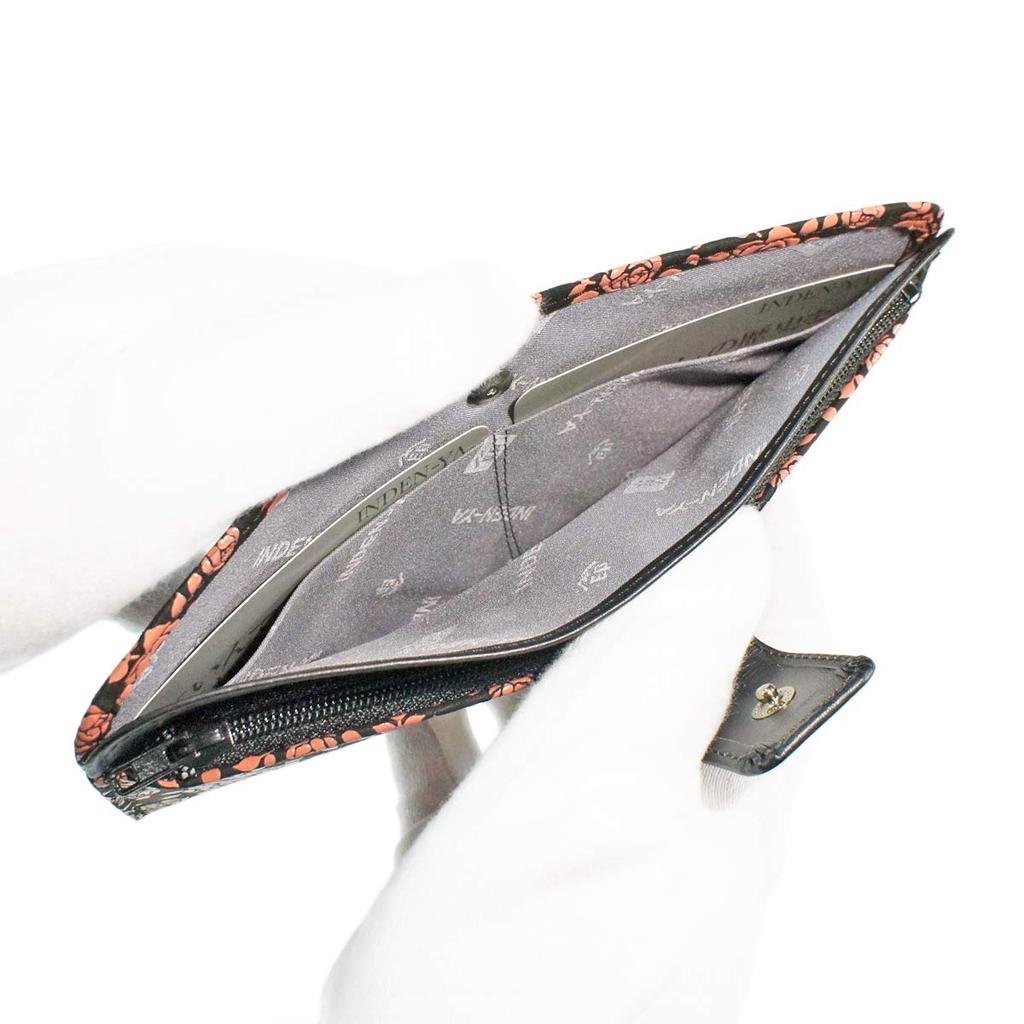 Indenya Inden Long Wallet, Large, Thin Deerskin, Black with Pink Lacquer, Small Rose Pattern, 2107-51-176