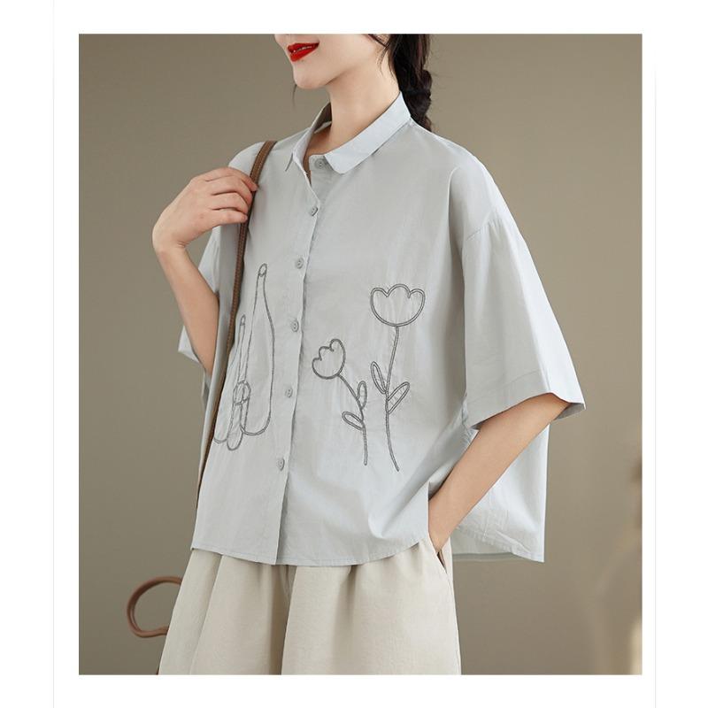 DIMANAF 2026 Women Plus Size New Summer Blouse Shirt Short Sleeve Embroidery Casual Loose Lady Tops Shirts Cotton