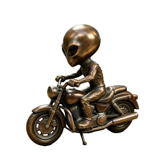 Alien Gnome Resin Statue, Sitting on Motorcycle Decorative Gnome Ornament, Waterproof Hand-Painted Garden Sculpture, for Indoor Outdoor Use