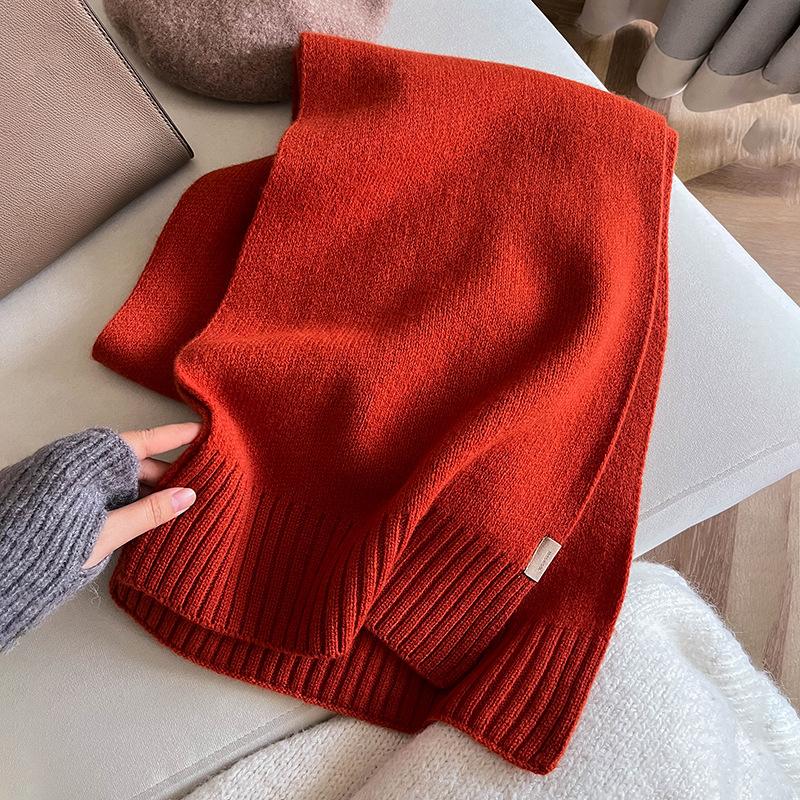 High-grade 100 Wool Scarf Women's Winter Thickened Warm High-end Sense Simple Monochrome Knitted Versatile Scarf Gift