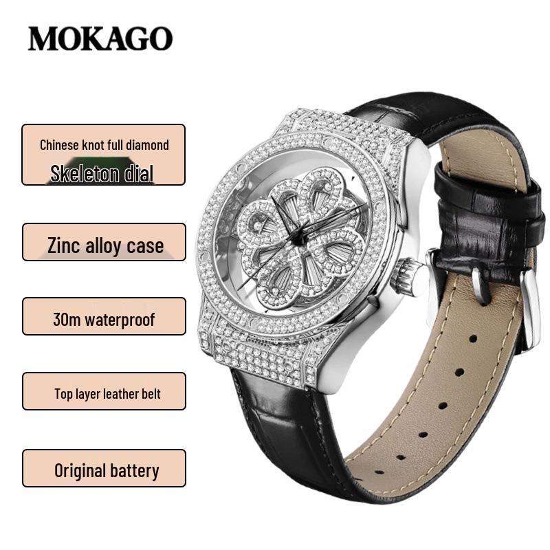 Mokaka Women s Quartz Watch with Leather Strap, Rhinestone Accents, Hollow Transparent Back, Waterproof Design