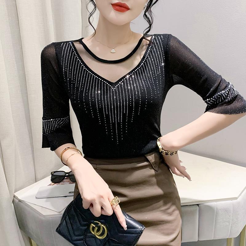 

Літній сітчастий ажурний ромбоподібний тонкий жіночий топ з рукавом три чверті для захисту від сонця на 2025 рік XXL чорний