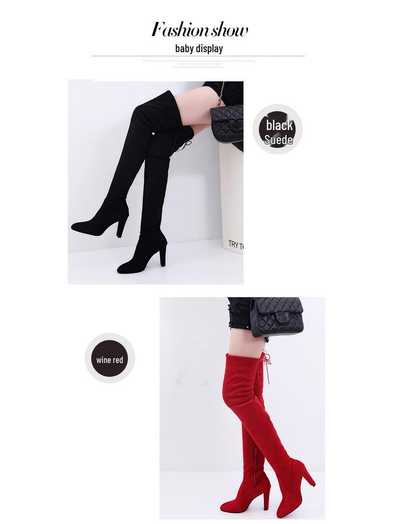 European & American Plus Size Over-the-Knee High Heel Pointed Toe Frosted Zipper Women's Boots for Spring & Autumn Winters