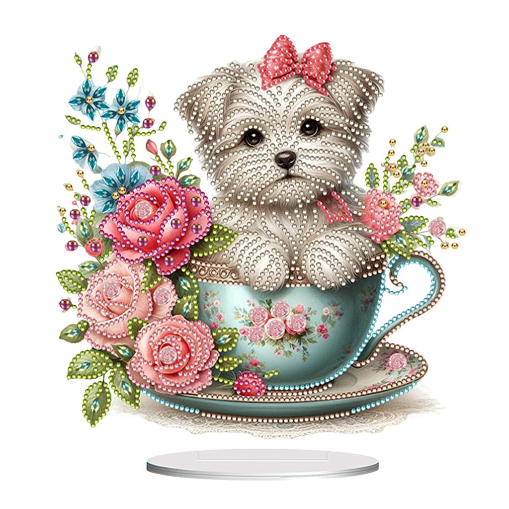 2D Flat Teacup Puppy Print DIY Table Top Diamond Painting Ornament Kits Desktop Diamond Art Kits for Home Office Desktop Decor