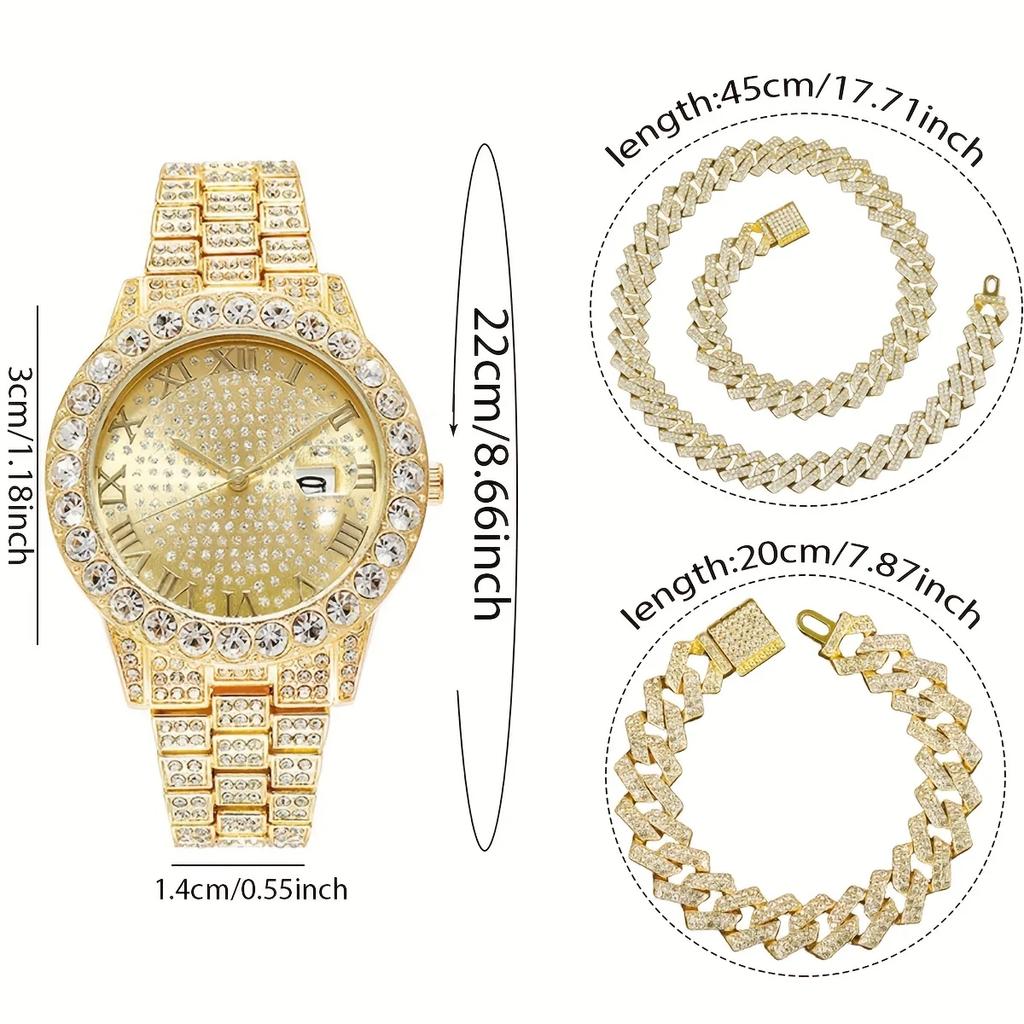 3pcs/set 15mm Necklace+Bracelet+Watch Cuban Chain Watch Hip Hop Miami Curb Iced Out Paved Rhinestone Rapper Cuban Men Jewelry