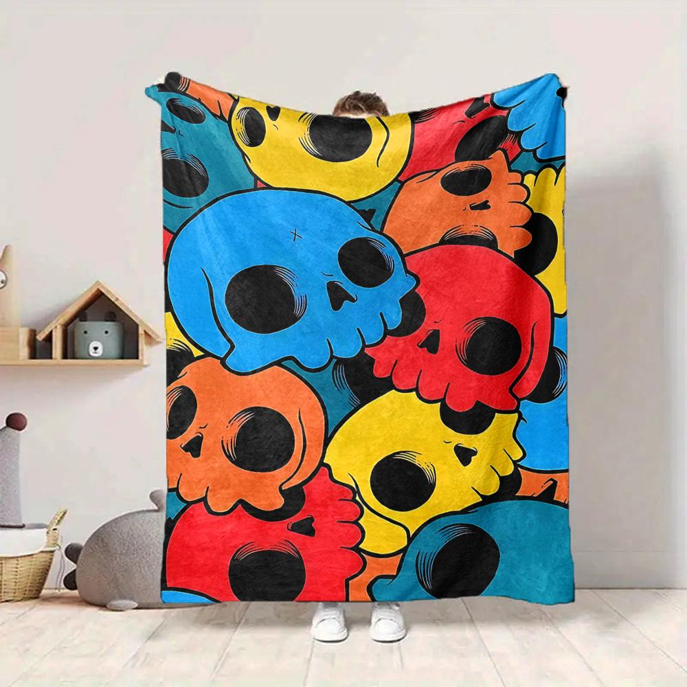1pc Colorful Skulls Blanket Warm, Cozy, And Soft, Suitable for Sofas, Beds, Cars, And Office Use.Perfect for Camping And Travel, Making It a Great Gif