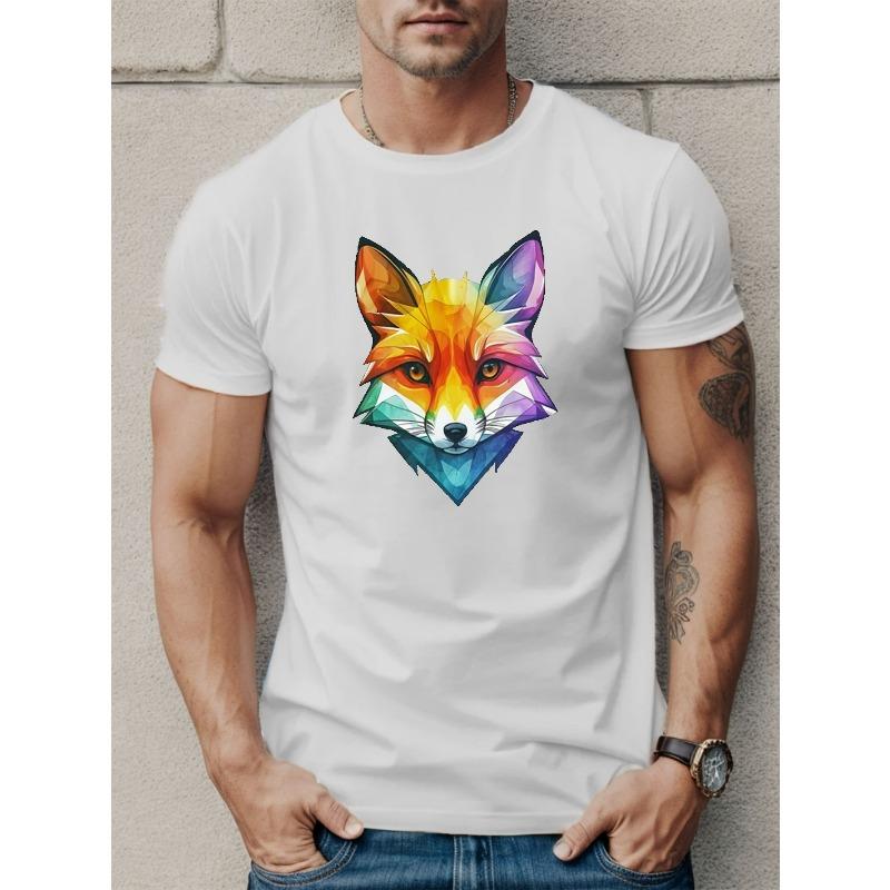 European sizes Men's Casual Short Sleeve T-Shirt with Geometric Fox Design - Breathable Polyester, Round Neck