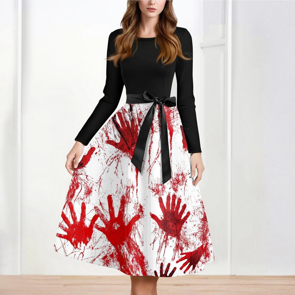 Women's Casual And Fashionable Long Sleeved R-neck Snowflake Print Dress