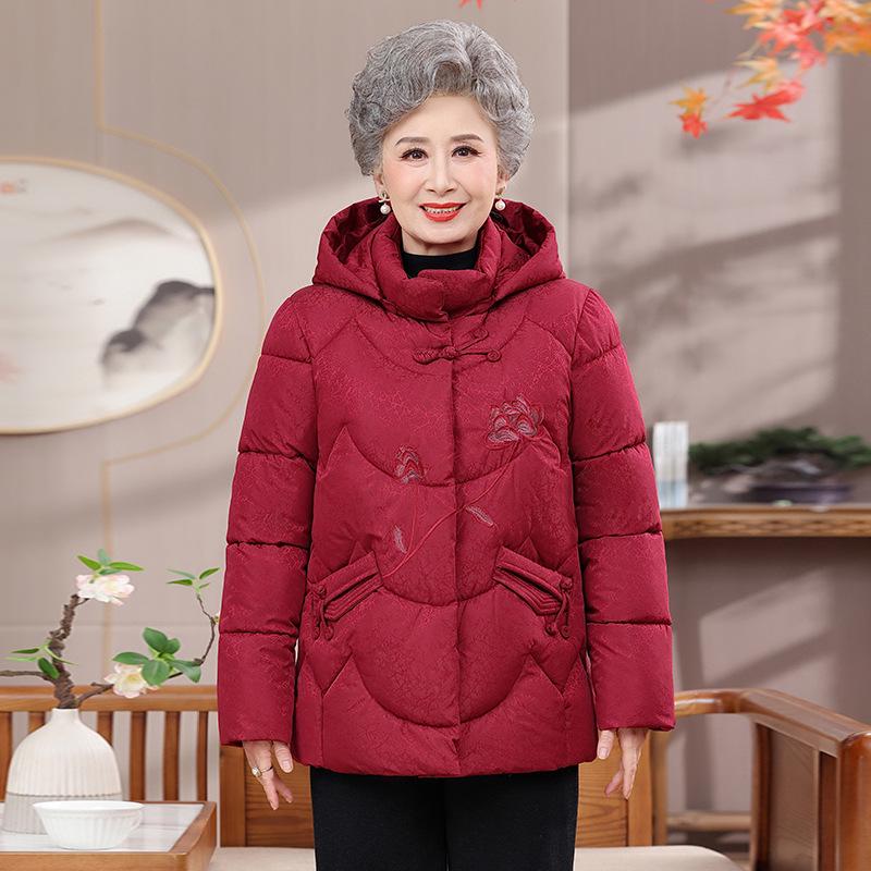 

Warm Hooded Winter Cotton Coat for Middle-Aged & Elderly Women - Plus Velvet Thick Jacket for Mom 2XL (for 105-120 jin) красный