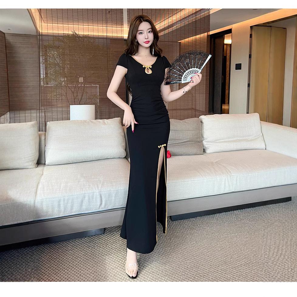 Improved Cheongsam Split-ended Long Dress Low-cut and Thin Foot Sauna Sexy Dress Work Dress