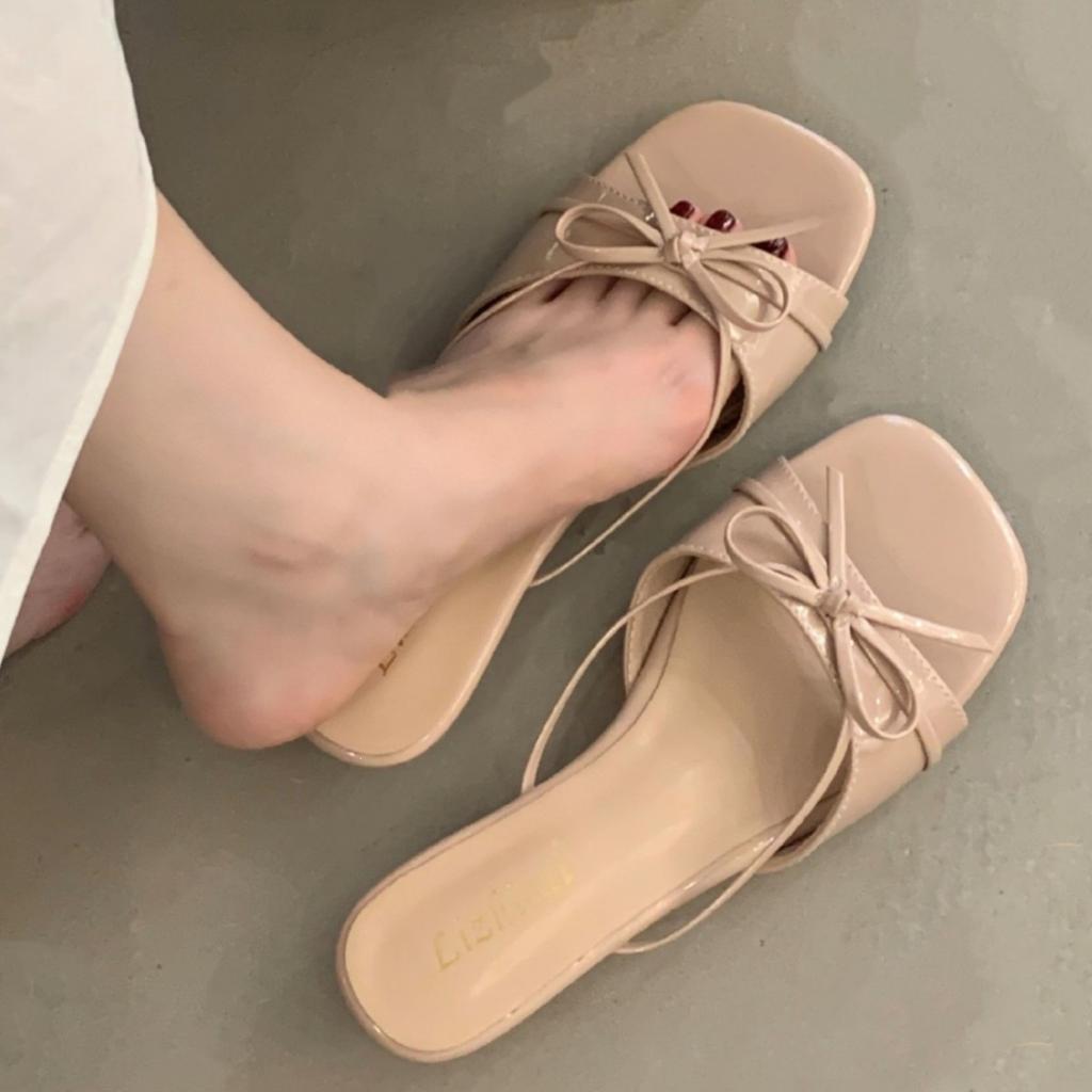 French Beautiful Cool Slippers Women'S Summer Wear Bow Flat Bottom One-Word With Skirt Beach Sandals