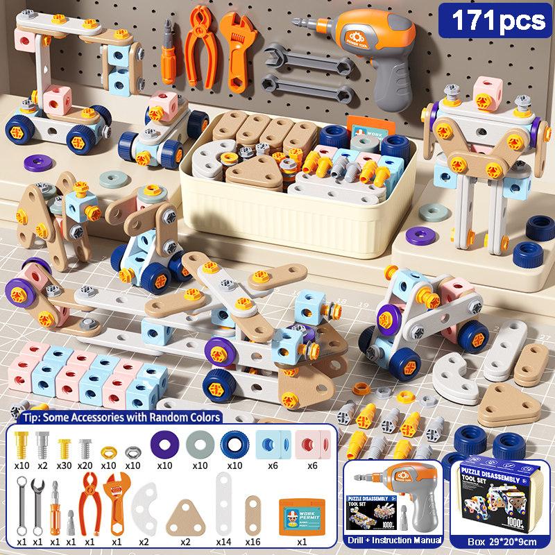 Kids Tool Set DIY Nut Assembly Toy Kit STEM Building Tools Montessori Toys Gifts for Boy Girl Electric Drill Tool Box Optional