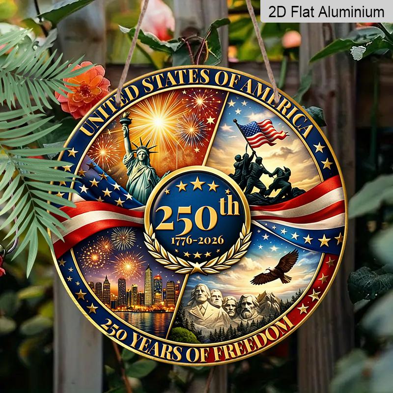 1776-2026 America 250th Anniversary Aluminum Door Hanger, Bald Eagle & Fireworks Sign, Patriotic Decor for Porch, Living Room & 4th of July Party
