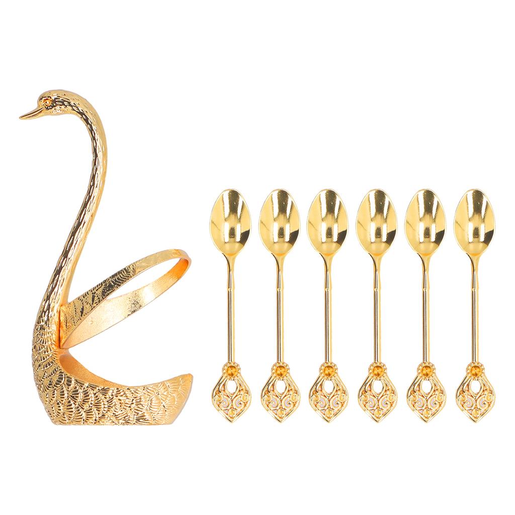 Coffee Dessert Spoon Set Gold Zinc Alloy Durable Corrosion Resistant Stable Glossy Swan Base Spoon