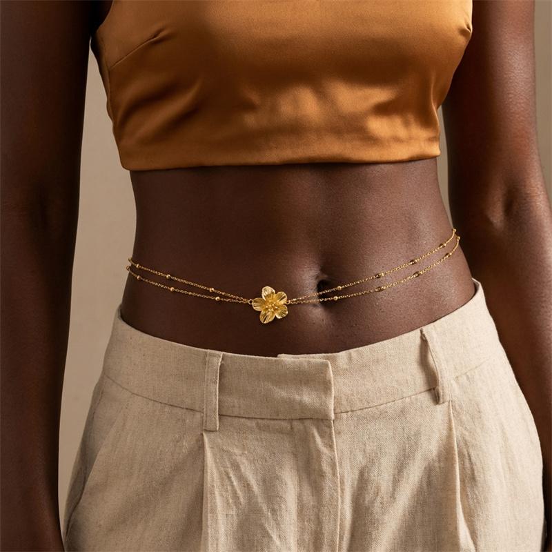 Simple Double Layers Belly Chains for Women Y2K Gold Color Metal Flower Bikini Waist Body Chain Beach Vacation Versatile Jewelry