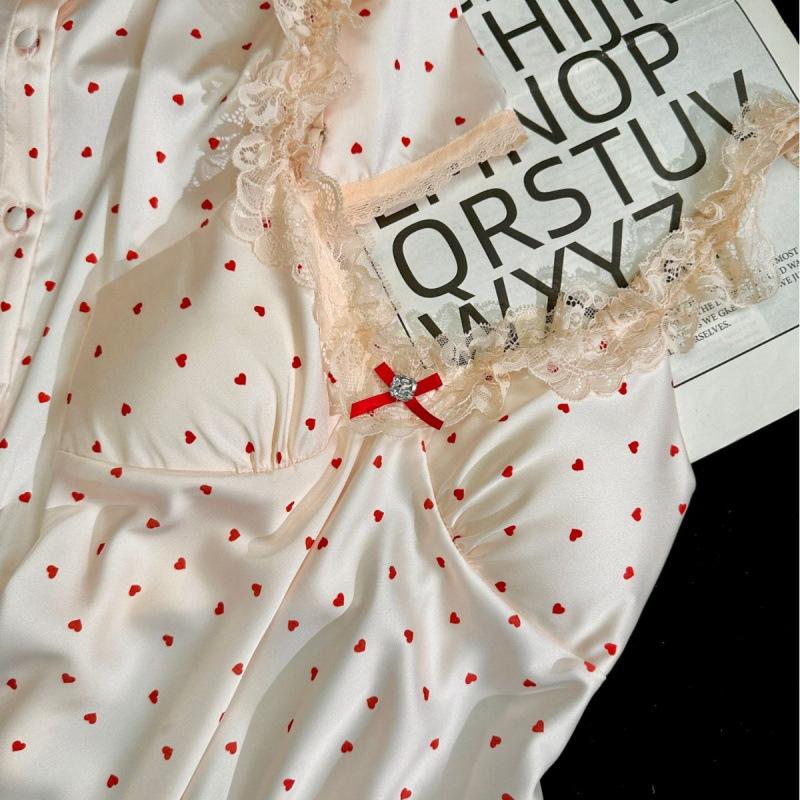 Cream Pink Polka Dot Ice and Snow Silk Casual Loungewear Short-sleeved Trousers Short Hanging Shorts Four-piece Set Sweet French