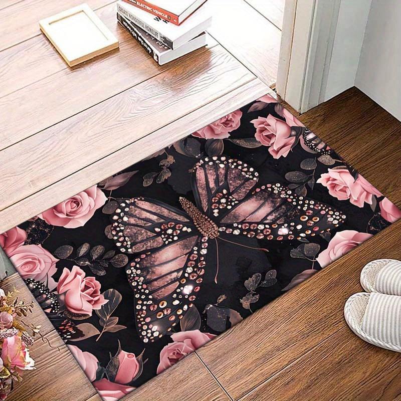 Large Non-Slip Crystal Velvet Butterfly & Rose Mat – Heavy-Duty Washable Floor Mat with Sparkling Butterfly & Pink Rose