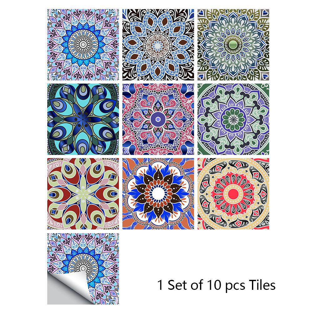 10pcs Mandala Crystal Hard Tiles Ceramic Wall Stickers Peel Stick Decals for Kitchen Wardrobe Home Decor Art Mural DIY