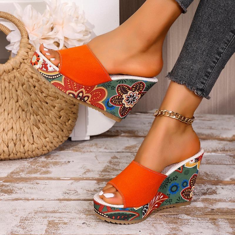 Women's Wide Width Floral Print Platform Mules - Peep-Toe Comfort Wedge Heels for Summer, Fashion Chunky Heel Slides