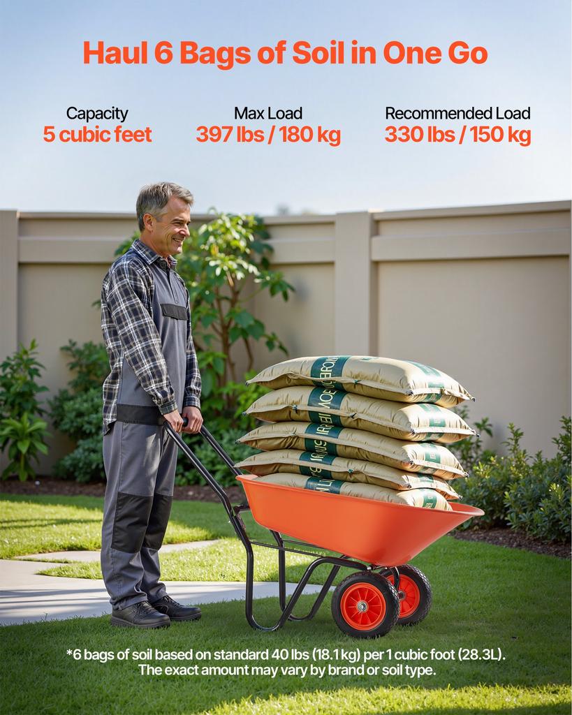 VEVOR Wheelbarrow Cart, 5 Cu. Ft. Load & 397 lbs Capacity, 2 Wheels Garden Dump Cart, Garden Wagon with Handle & 10" Wide Track Wheels