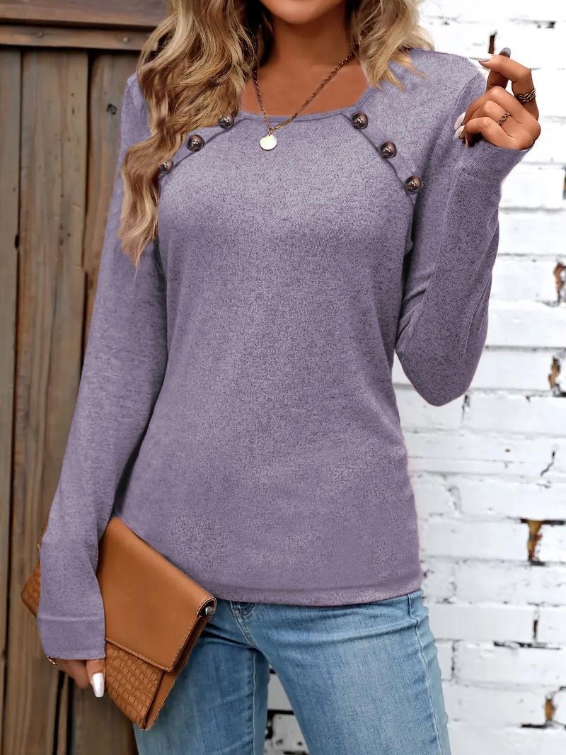 

2024 Trendy Square Neck Button Casual Knitwear Long Sleeve T-Shirt for Spring, Autumn, and Winter. XXL фиолетовый