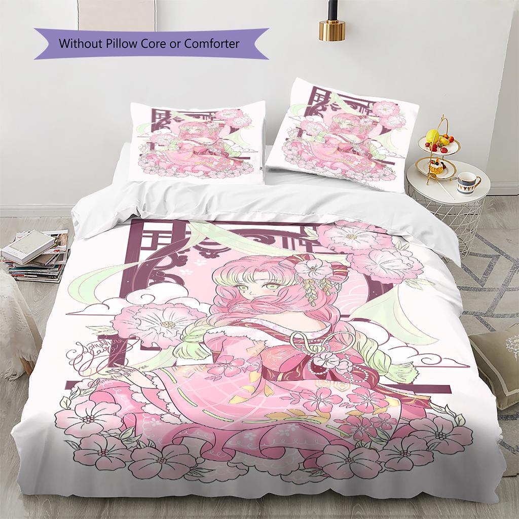 Demon Slayer Pattern Bedding,Quilt Set Quilt Cover Pillowcase Home Birthday Gift (1 * Duvet Cover + 2 * Pillowcase, Without Core)