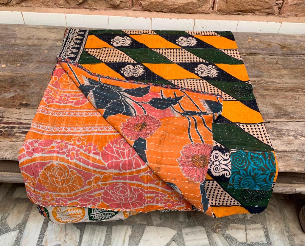 Vintage Kantha Quilt: Handmade Indian Patchwork Throw Blanket, Colorful Ethnic Throw