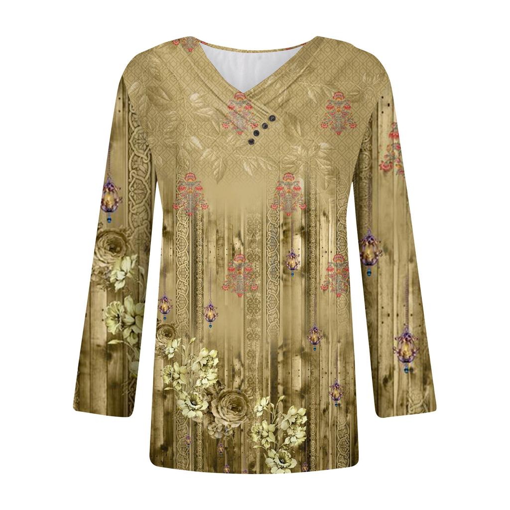 Long Sleeve Blouses For Women Casual V Neck Button Down Shirt Vintage Floral Print Blouse Tops Loose Fit Fall Shirt Top