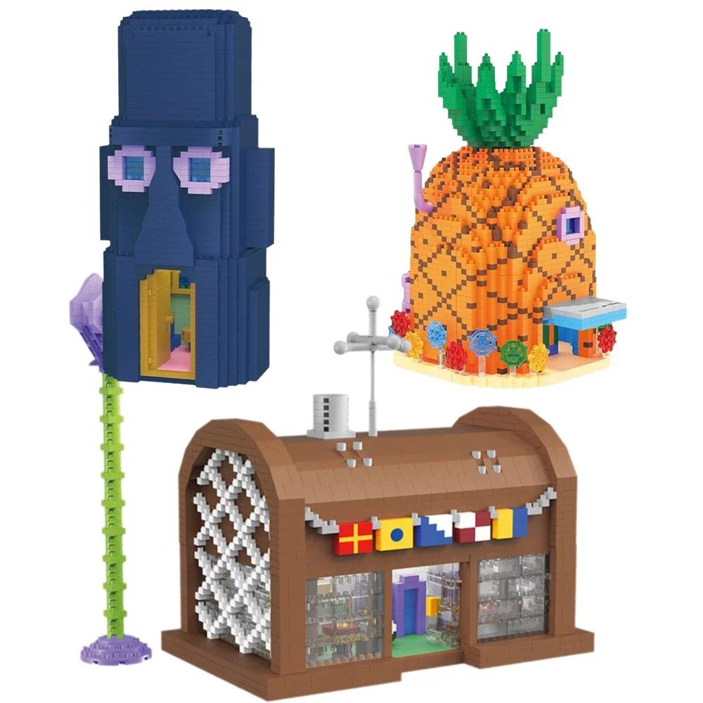 Non-Toxic Spongebob Cartoon Krusty Krab Restaurant Building Blocks Creative Canteen Scenes Model Bricks Desktop Ornaments Toy For Kid Gift