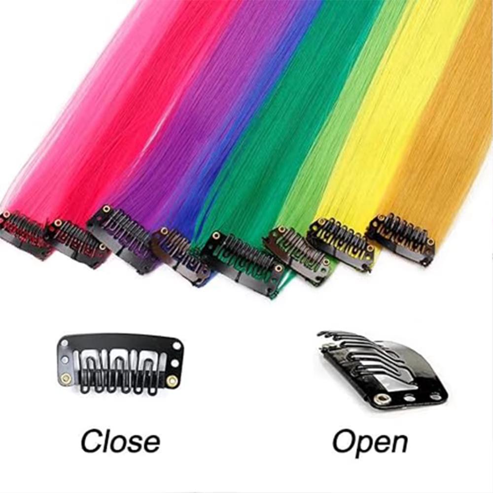 Synthetic Clip in Hair Extensions Rainbow Colorful Wig Hairpieces  for Daily Use Party