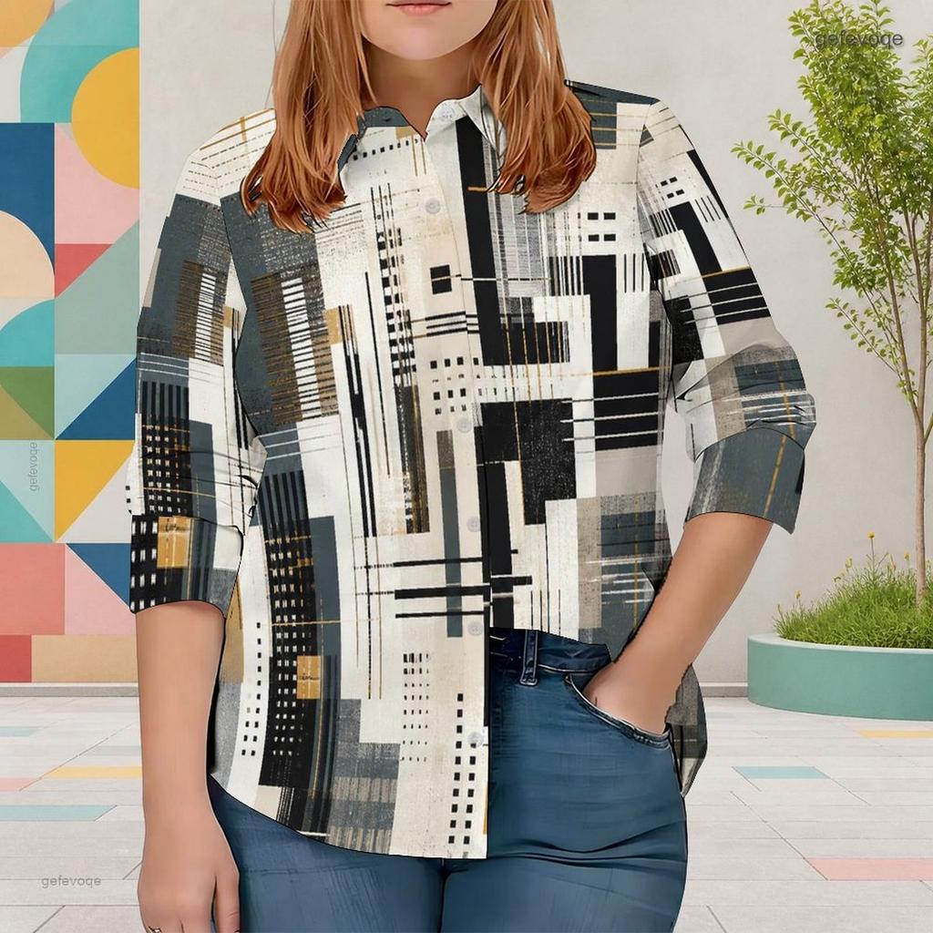 Women Plus Size Abstract Geometric Printed Collared Neck Long Sleeve Button Front Curved Hem Shirt
