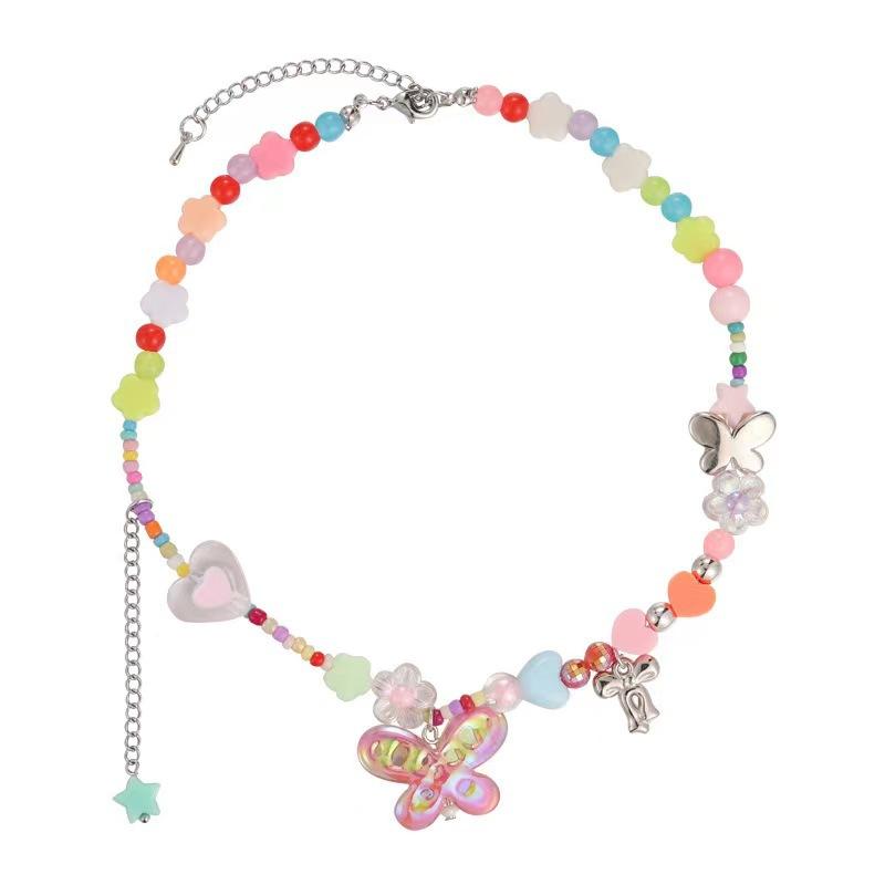 Dopamine Color Butterfly Beaded Necklace Female Personality Sweet Versatile Girl Collarbone Chain Fashion Necklace