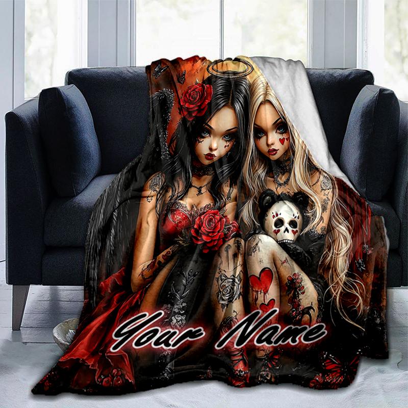 1PC Custom Name Dark Angelic Fantasy flannel blanket versatile,all-season throw suitable for the living room,bedroom,camping,travel,and gift