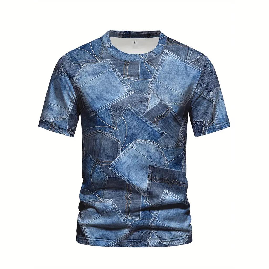 Denim Pattern Men's T Shirt Summrt Short Sleeve O-Neck Pullover Fashion Street Sportwear Oversized Casual Male Clothing Camisa