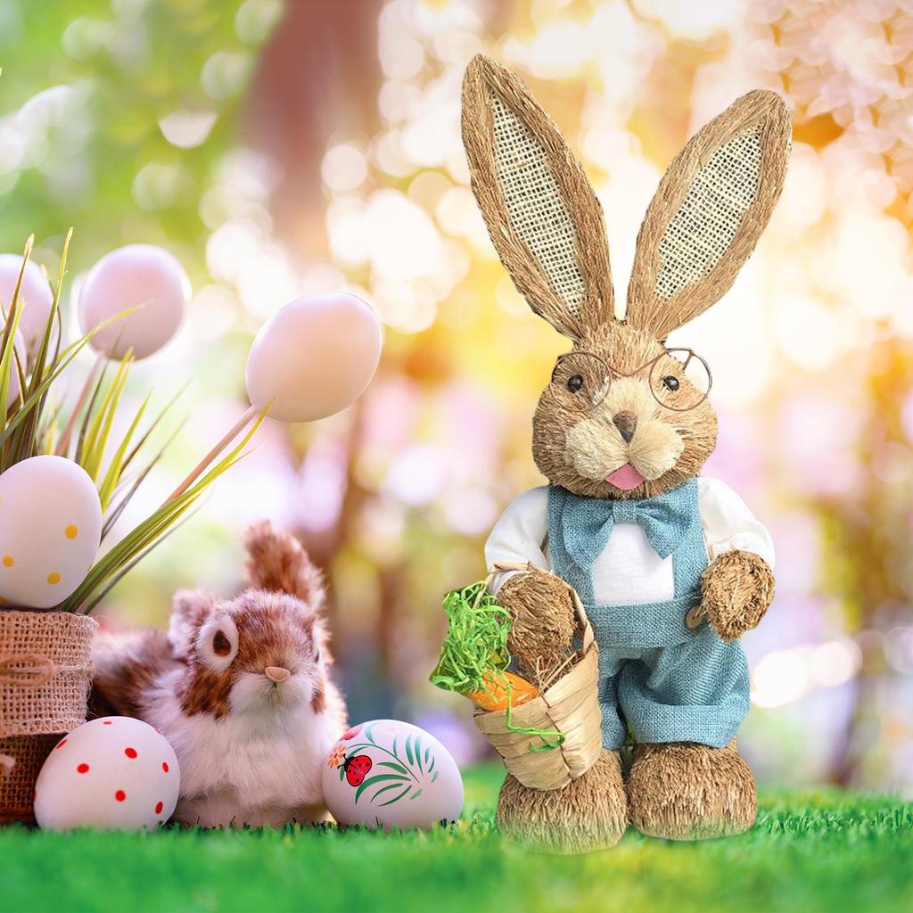 Handmade Straw Rabbit Figurine Easter Bunny Ornament for Dining Room Table Dollhouse Miniatures